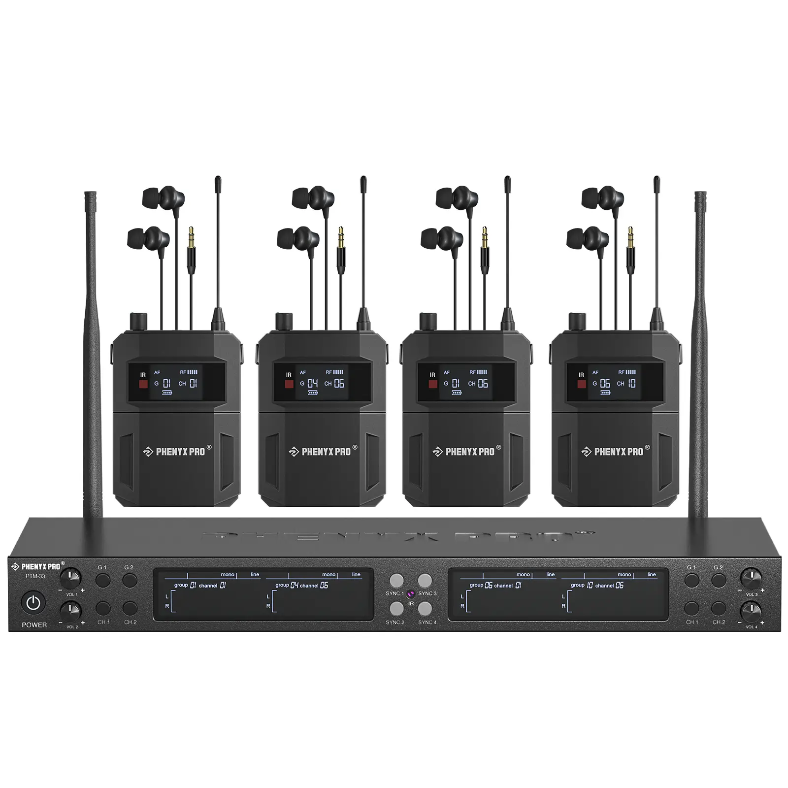 Phenyx Pro 4-Channel Wireless In-Ear Monitor System - Mono Rack-Mount Audio Set for Musicians, Producers, Studio Equipment, 4 Bodypacks, 25 UHF Frequencies, 164ft Range, Transmitter (PTM-33-4B)