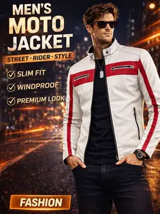 Men's Colorblock Motorcycle Leather Jacket, Stand Collar Zip PU Leather Coat, Racing Style Slim Fit Outerwear, Autumn Street Casual Riding Jacket