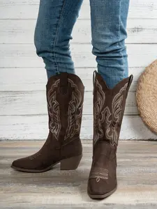 Women's Western Embroidered Pointed Toe Slip-On Knee-High Boots, Comfortable Wide Fit Thick Mid Heel Winter Cowboy Boots, Cowgirl Boots
