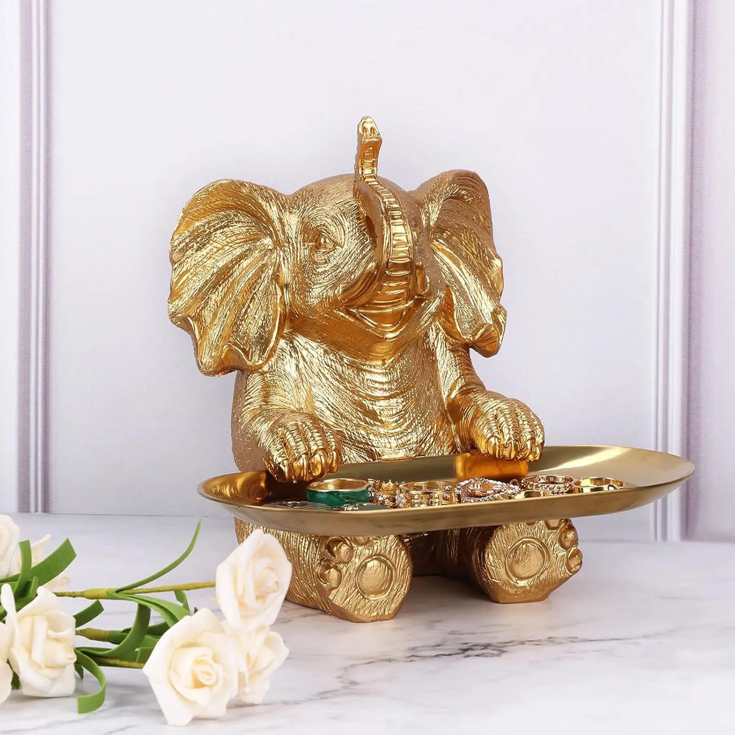 Elephant Design Resin Ornament, 1 Set Cute Animal Ornament with Tray, Desktop Decoration, Home Decor Accessory, Decorative Home Ornament, Resin Crafts Suitable for Placing in Living Room Or Bedroom, Home Decor Ornaments, Home Decor Piece