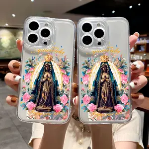 Capinha Transparente da Nossa Senhora Aparecida com Flores, Capa Anti-Impacto com Estampa Religiosa Colorida Compatível com iPhone 17 Air, 16 Pro, 15, 14 Plus, 13, 12, 11 Pro Max, X, XS, XR, XS Max