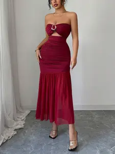 New Women's Halter Sleeveless Decorative Buckle Hollow Out Design Waist Cinching A-Line Dress, Spring & Fall Casual Elegant Long Dress