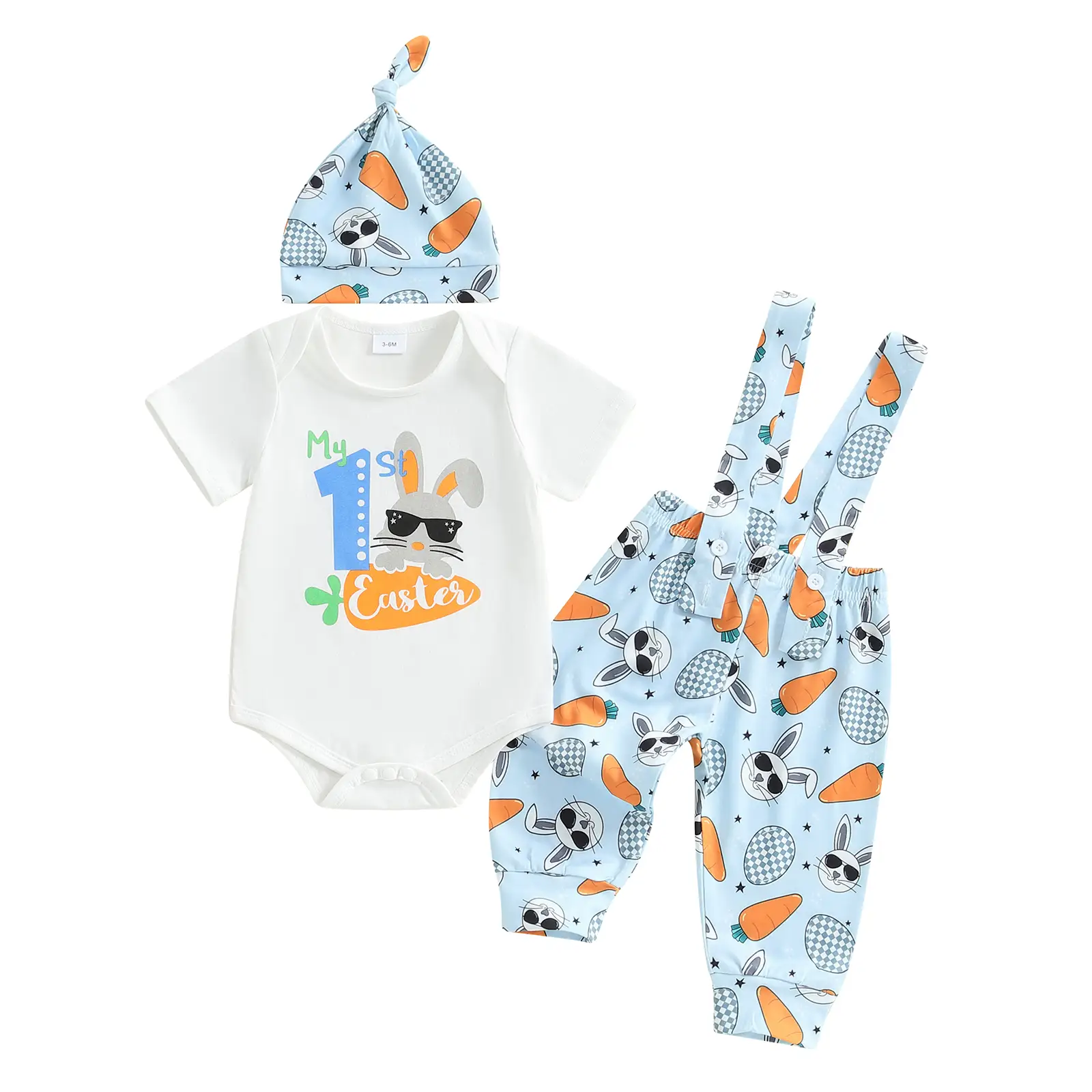 Baby Boys Easter Outfits Letter Print Short Sleeve Rompers Suspender Pants Hat 3Pcs Clothes Set
