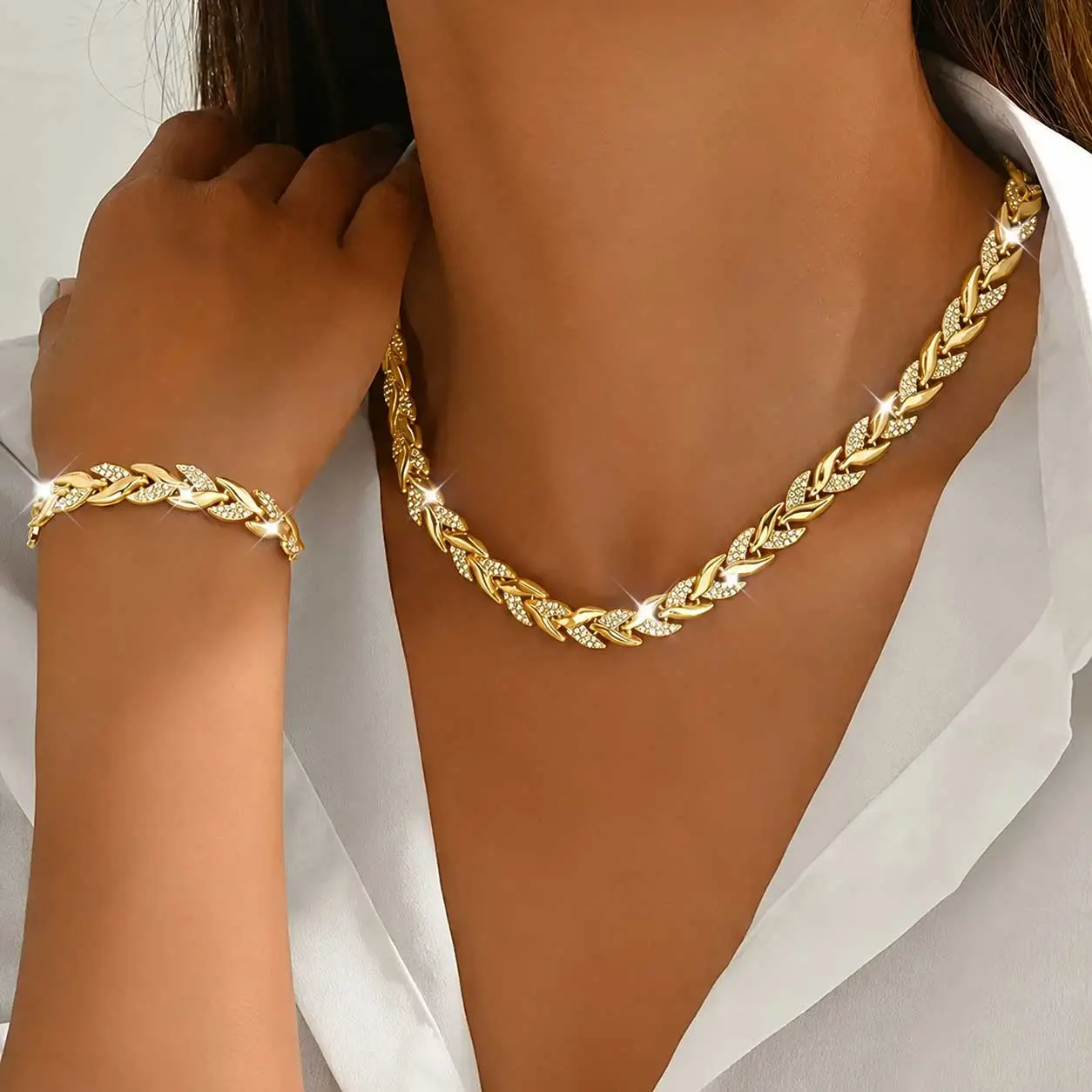 2-Piece Fish Tail Jewelry Set for Women, Elegant Rhinestone Inlaid Necklace and Bracelet with Adjustable Chain for Layered Styling, Party & Wedding Wear, Jewelry For Women, Inlaid Stones