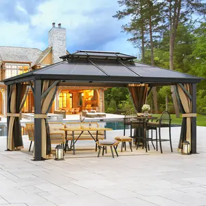 YITAHOME 12x16FT Gazebo Hard-Top Double Roof Canopy Outdoor w/ Netting & Shaded Curtains