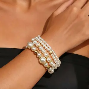 Dainty 4 Pcs Pearl Bracelet Set for Women, Heart Shaped Artificial Pearl Bracelet Collection, Hypoallergenic Gift for Mom Her Friends on Valentine's Christmas