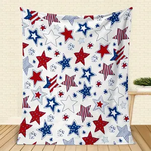 All-season patriotic star-patterned wool blanket - machine washable, comfortable knitted polyester, featuring a red, white and blue American flag design, and soft flannel fabric for home office decoration
