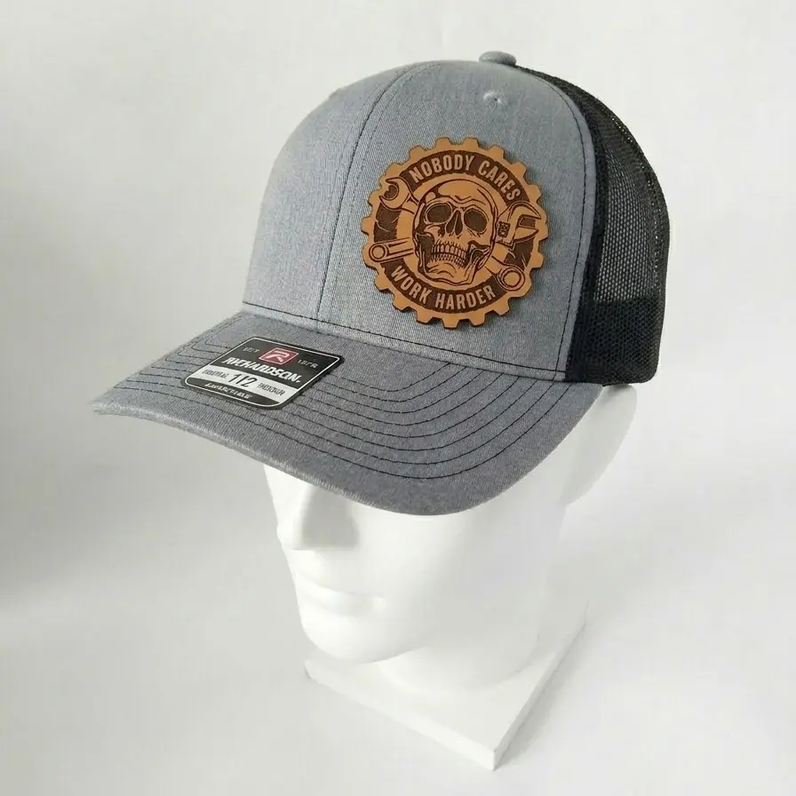Mechanical Skull Leather Patch Richardson 112 Trucker Hat - Nobody Cares Work Harder Slogan Cap - Heavy Duty Workwear Accessory for Mechanics and Laborers - Stylish Adjustable Snapback - Durable Automotive Enthusiast Headwear