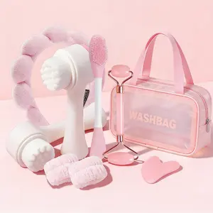 8-piece beauty tool set with packaging, including a roller massager, a gua sha board, a silicone facial mask brush, a velvet headband, and a 3D face brush. A professional facial massage and facial care set, facial care tools