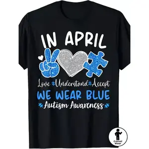 Autism Awareness April - In April We Wear Blue T-Shirt - Heavyweight 220GSM Cotton Tee - Puzzle Piece & Peace Sign Design - Autism Shirt for Men, Women, Kids - Charity Events, Casual Attire - Mac.png