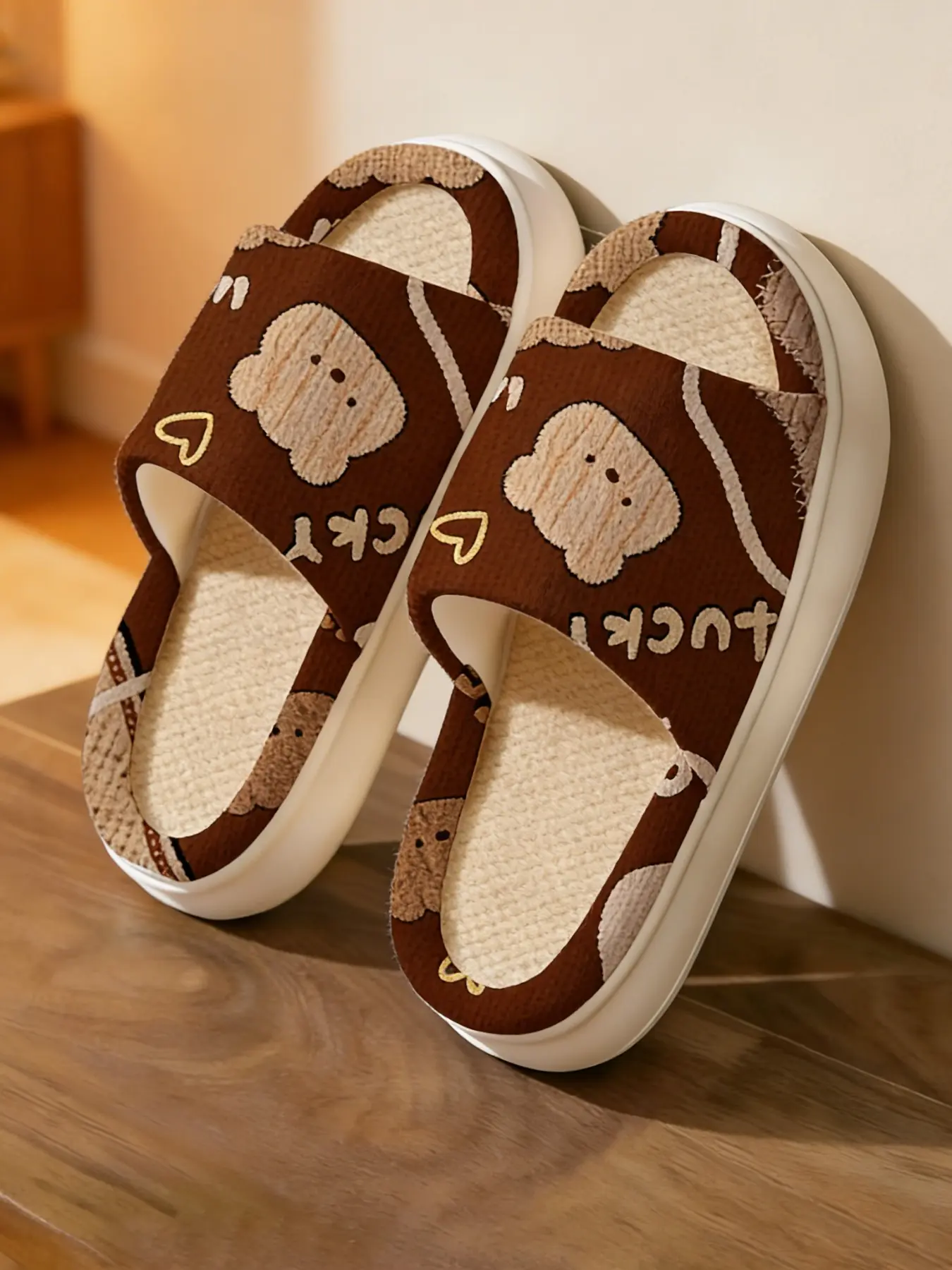 Cute Bear Waffle Pattern Linen House Slippers for Women, Thick Sole Soft Elastic Non-Stuffy, All-Season Bedroom Dorm Style Open-Toe Sandals
