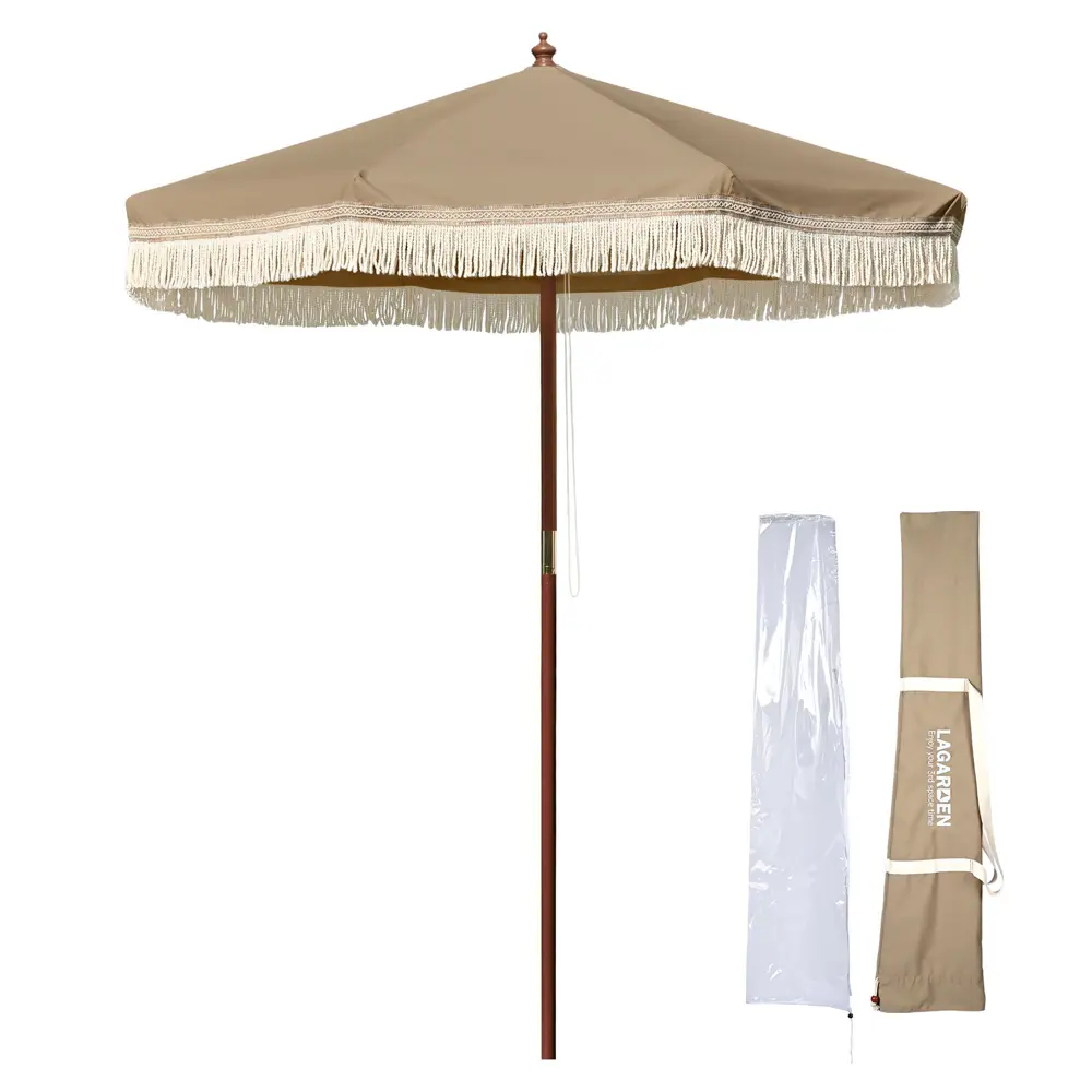 LAGarden Boho Fringe Umbrella Wood Market Umbrella