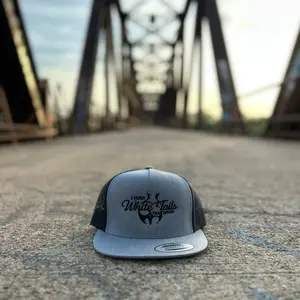 Flat Bill "I Hunt White Tails Year Round" Hat - Gray with Black Mesh, Casual Style, Ideal for Outdoor Activities