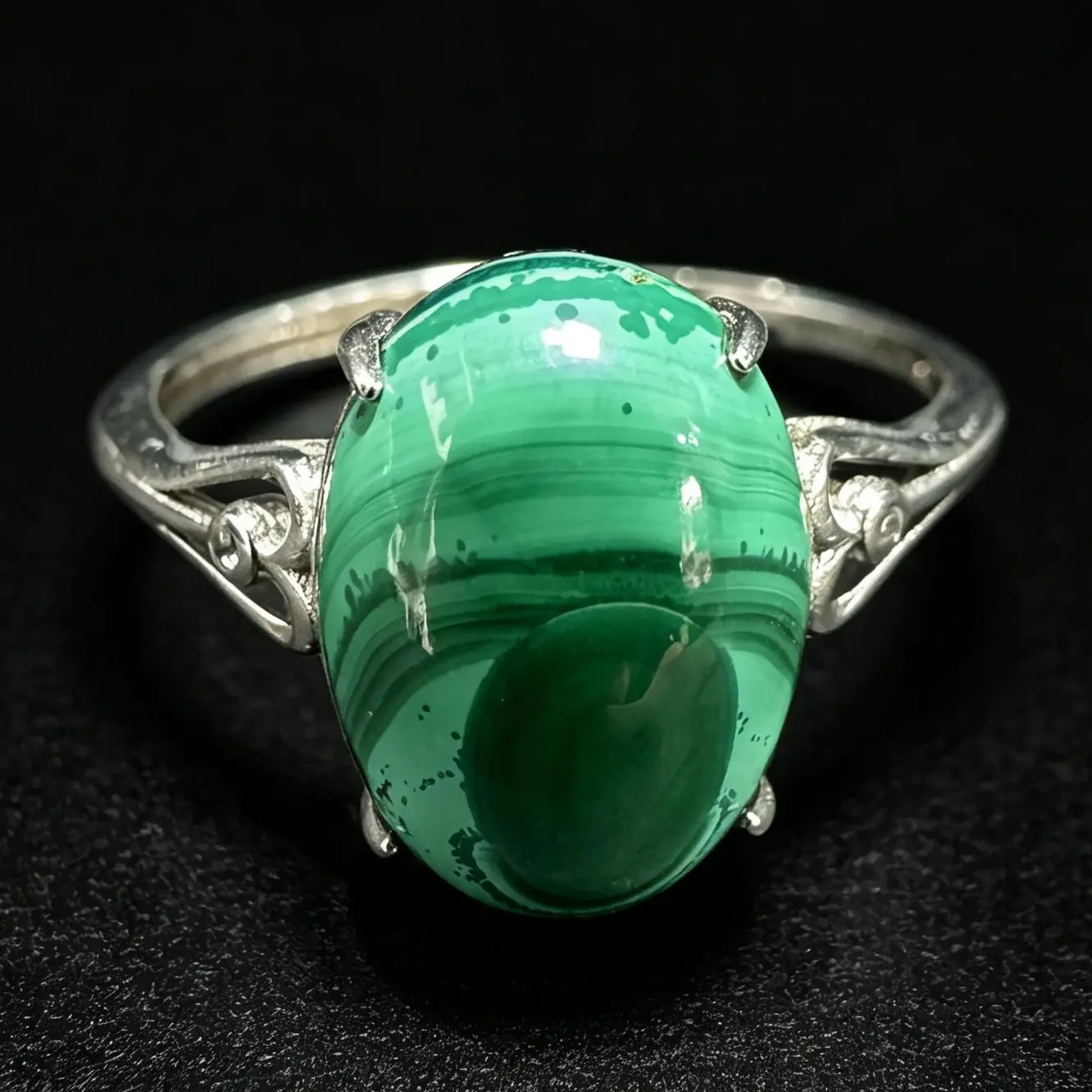 Minimal Open Filigree 4 Prong Natural Malachite 925 Sterling Silver Adjustable Ring