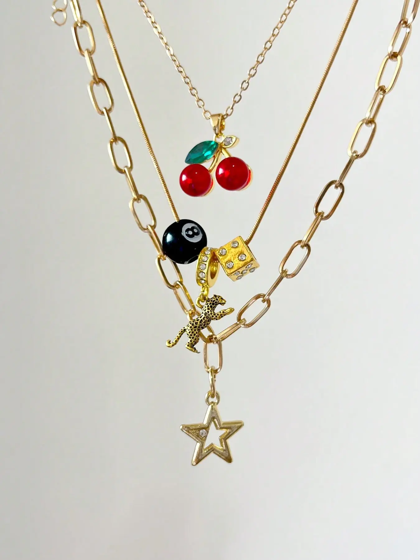 Small Leopard Cherry Necklace Set 3pcs, 8 Ball Dice Charm Necklace, Cherry Necklace, Fashion Street Star Necklace, Classic Small Leopard Necklace, Layered Necklaces, Fashion Jewelry Party, Alloy Necklace