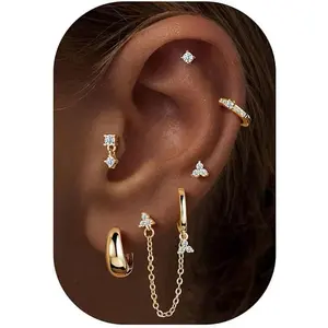 Gold Earring for Women, 14K Gold Plated Hypoallergenic Chain Earring Dainty Huggie Flat Back Earrings Earring Stack for Multiple Piercings
