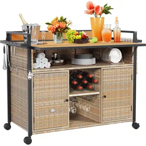 DWVO XL Outdoor Kitchen Wicker Island Rolling Cart Bar Table & Storage Cabinet, Wheels and Plastic Wood Extended Table Top, Double Handle for Patio Kitchen or Bar Cart,Light Yellow Gradient