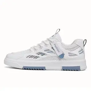 Fashion Men's White Sneakers with Fresh Blue Accents – Breathable Mesh & Easy Pull Loop for Casual Comfort. Versatile Style for Everyday Wear.