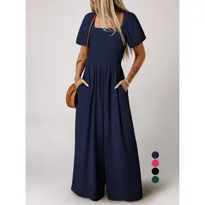 Women's Plain Puff Sleeve Pocket Shortsleeve Shirred Wide Leg Jumpsuit, Basic Fashion Casual Short Sleeve Square Neck High Waist Jumpsuit for Summer, Minimalist Womenswear, Non Bodycon Dress, Womenswear, High Waisted Jumpsuits