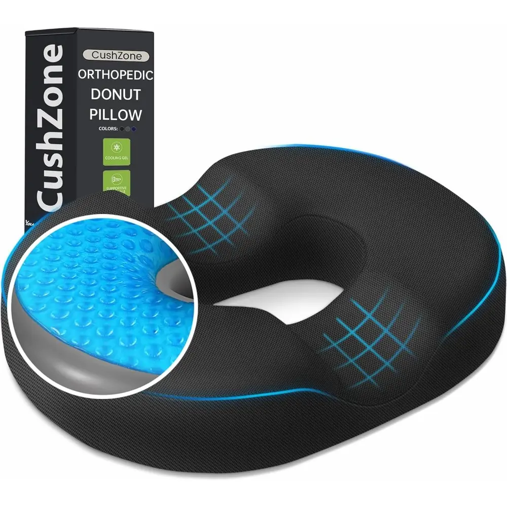 Donut Pillow Seat Cushion-Memory Foam Cooling Gel Lifting Cushion for Office and Home Chairs, Car Seats, Wheelchairs - Hemorrhoids, Sciatica & Tailbone Pain Relief Cushion, Black - XL