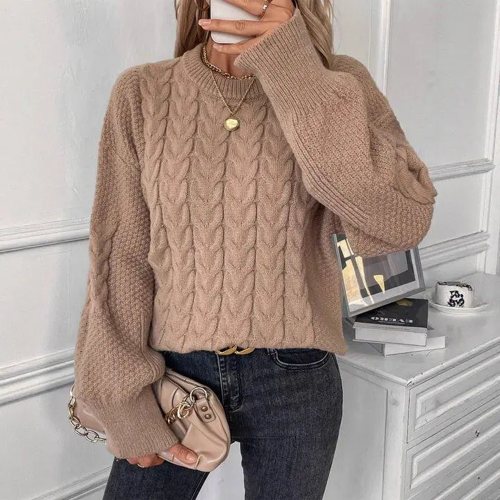 Women's Loose Sleeve Sweater - Khaki Beige Solid Color Pullover in Polyester Fabric Regular Sleeves Street Fashion S M L XL Sizes
