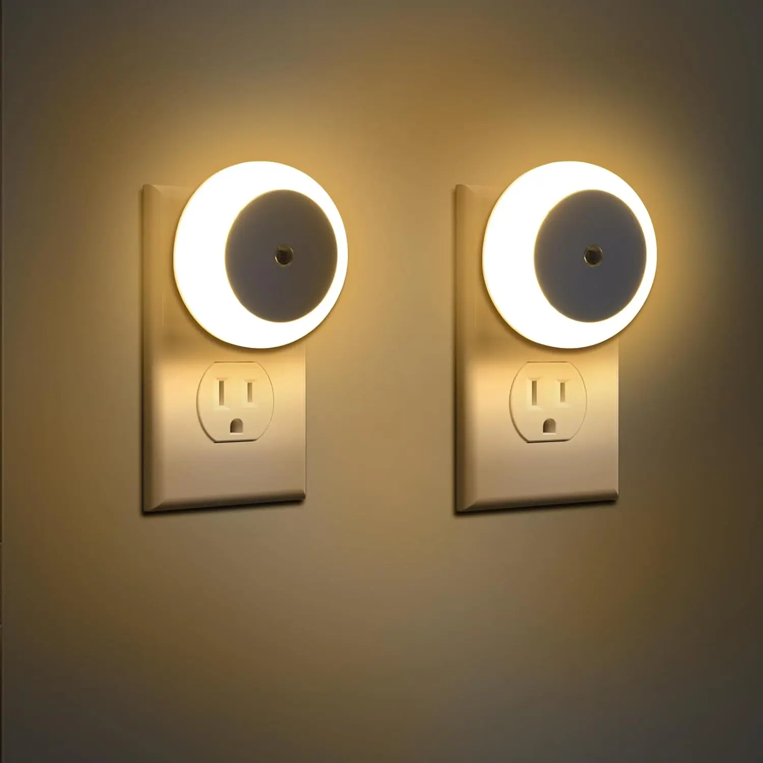 Soft Warm White Night Light 2 Pack, Compact LED Indoor Lighting with Motion Sensor, Dusk to Dawn Energy Saver for Kids Room and Bathroom, Mood Lighting