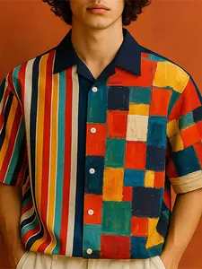 INCERUN Men's Short Sleeve Casual Printed Geometric Pattern Shirt, Stylish Turn-Down Collar Design, Perfect for Daily Wear & Leisure Activities