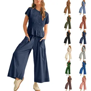 WoodBerry Women's 2-Piece Smocked Top & Wide-Leg Pants Set–High-Waisted Lounge  Outfit with Pockets Casual Boho Matching Set Minimalist Basic Crewneck Clothes Suits Fitted