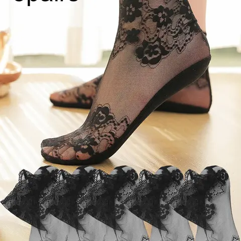 Women's Floral Lace Scallop Ankle Socks, Floral Pattern Socks, Soft Breathable Comfortable Casual Socks, Ladies Sheer Casual Comfy Socks for Summer, Casual Stylish Socks, Casual Daily Socks