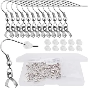50pcs Stainless Steel Earring Hooks Pendant Clasp Ear Wire Buckle Fish Hook Earrings with 50pcs Clear Bullet Earring Backs and a Box for DIY Jewelry Making