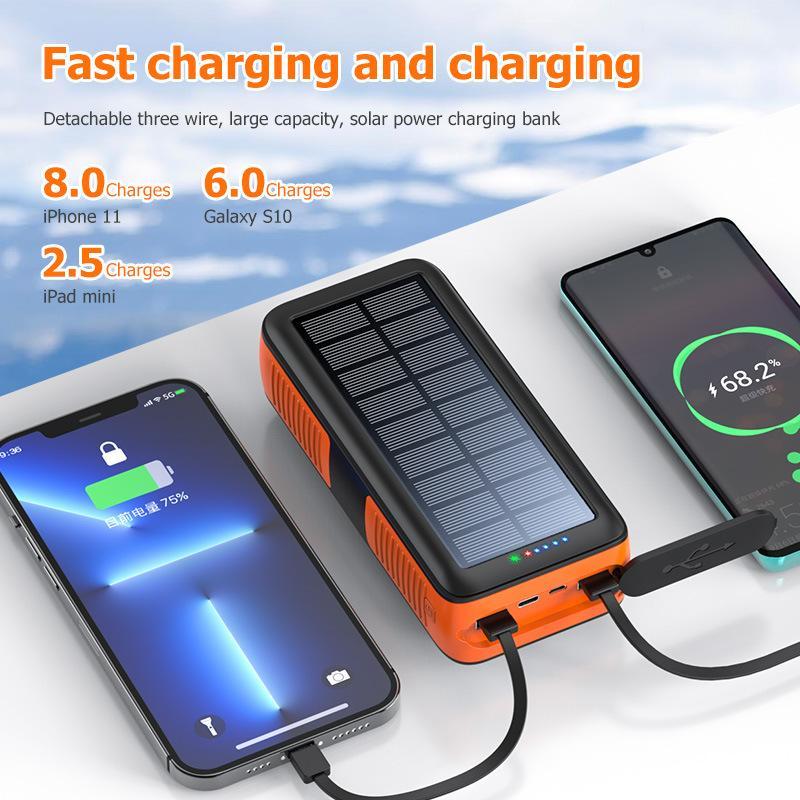 63200mAh Portable Solar Charger Power Bank Hand Crank Charge,Built in 3 Cables 4 Outputs 15W Fast charging Device,4 flashlights LED lighting /SOS/ flashing  for Spring Outdoor Camping,Mother's Day Gift Accessories Micro Smartphone Usb Chargeable