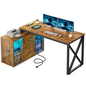 DWVO L Shaped Desk with Power Outlets & File Cabinet, 55" Reversible Corner Computer Desk with Drawers & LED Lights, L-Shaped Desk with 4 Glass Open Storage Shelves