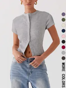 Women's Plain Button Front Ribbed Tee, Casual Slim-fitting Short Sleeve T-shirt for Daily Wear, Ladies Clothes for All Seasons,  Cute Tops