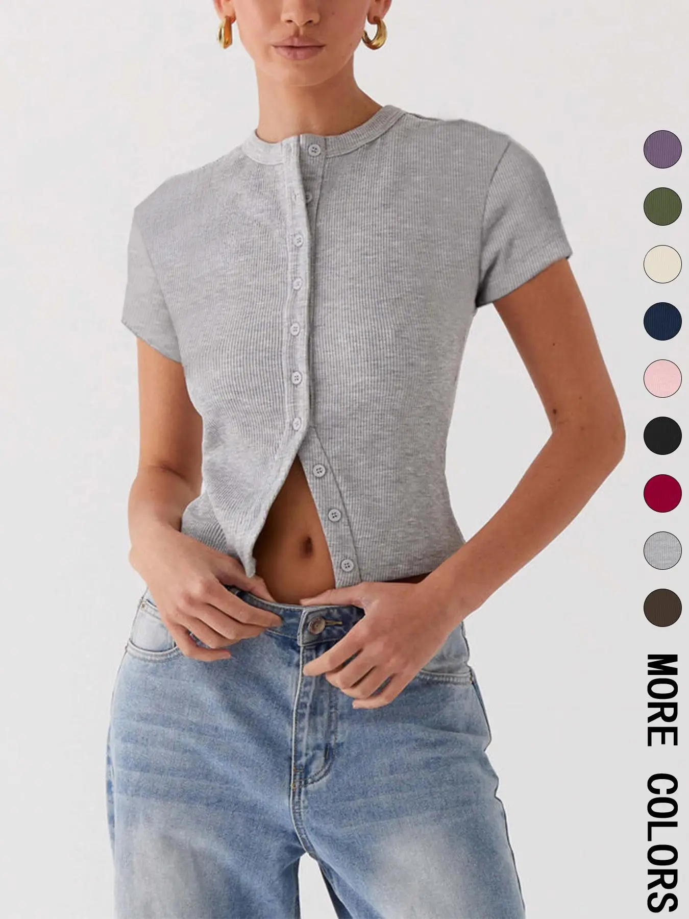 Women's Plain Button Front Ribbed Tee, Casual Slim-fitting Short Sleeve T-shirt for Daily Wear, Ladies Clothes for All Seasons, Cute Tops