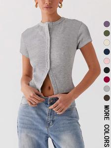 women's plain button front ribbed tee, casual slim-fitting short sleeve t-shirt for daily wear, ladies clothes for all seasons, cute tops, womenswear, tshirt
