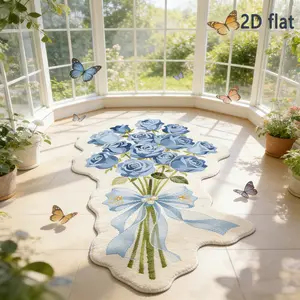 French Romantic Blue Rose Carpet, Ivory Base Floral Shape Mat, Blue Rose Bouquet 2D Flat Rug, Indoor Decorative Floor Mat