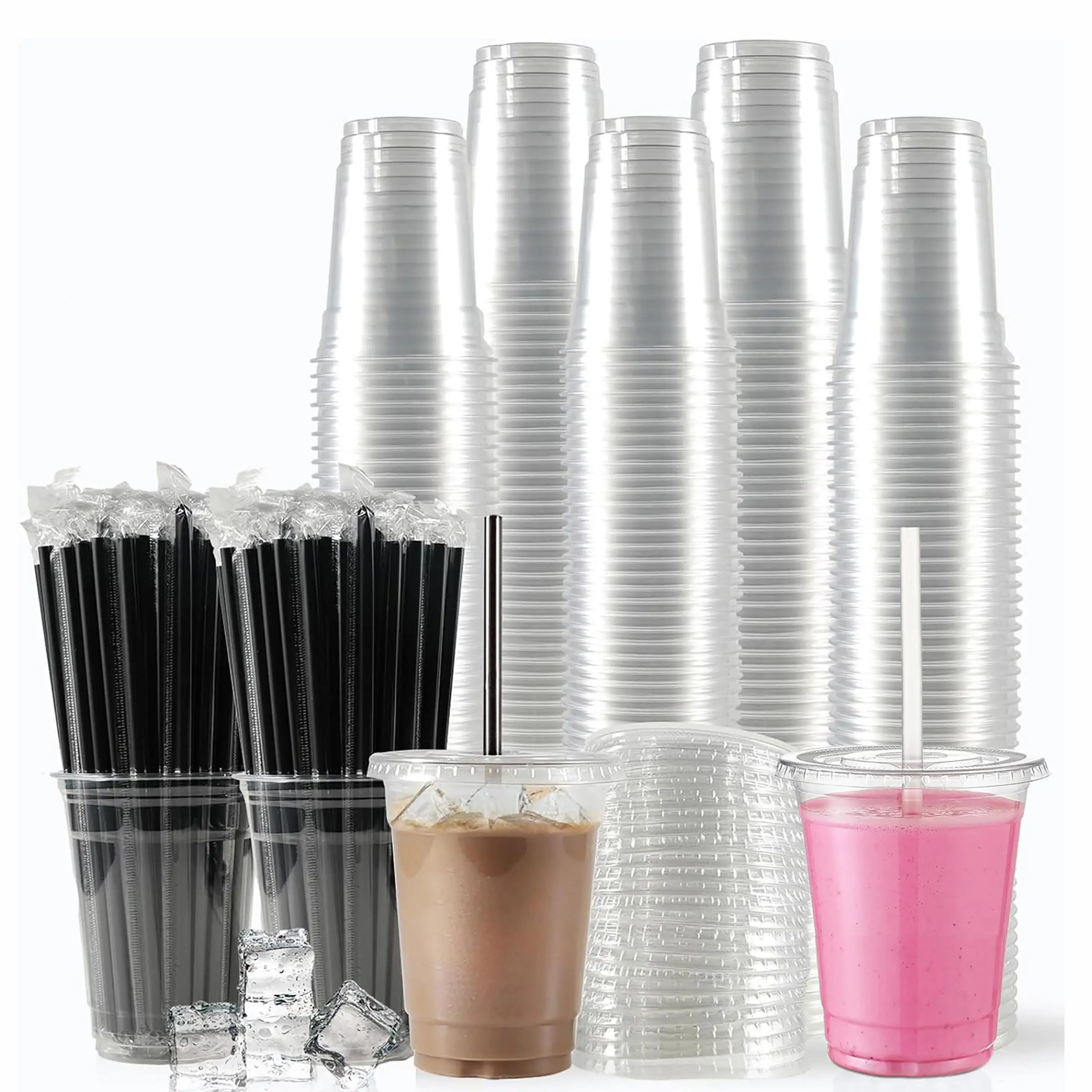 16oz Clear Plastic Cup with Straw & Lid, 50 Sets Disposable Coffee Cup, Disposable Tableware for Party & Takeaway Drink