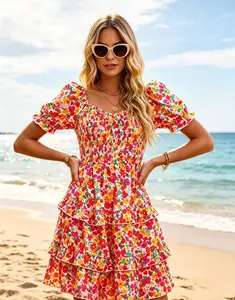 Women's Short-Sleeve Summer Floral Tiered Ruffle Mini Dress - Casual Bohemian Beach Vacation Sundress | Womenswear, Shortsleeve