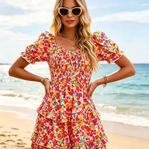 Women's Short-Sleeve Summer Floral Tiered Ruffle Mini Dress - Casual Bohemian Beach Vacation Sundress | Womenswear, Shortsleeve