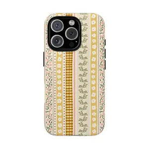 Floral Gingham Phone Case, Cottagecore Stripe Cover, Vintage Floral Aesthetic Protective Design Case