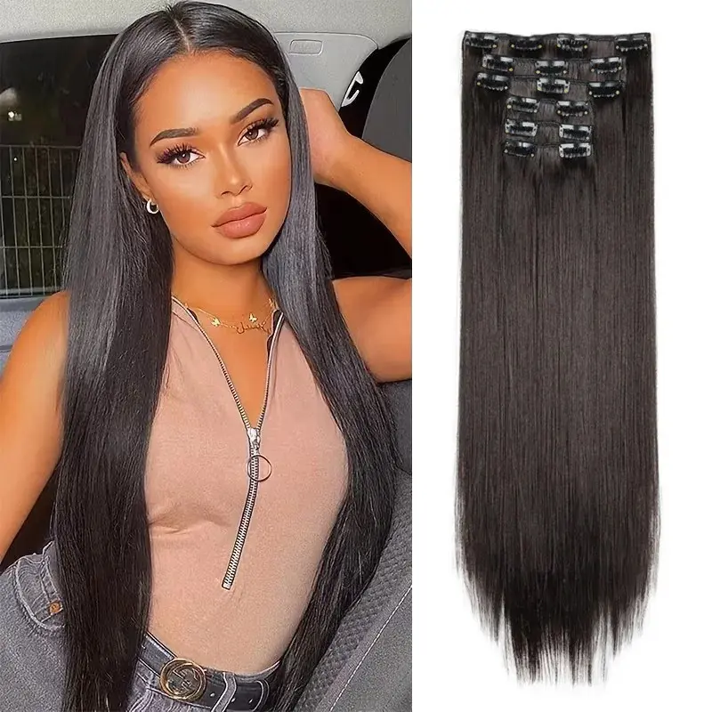 New Synthetic 6pcs/set Long Straight Hair Extensions Ultra-Invisible Full Head Clip in Hair Extensions 24Inch for Women Daily Wear