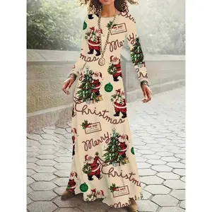 Women's Elegant Christmas Maxi Dress - Long Sleeve -Line Santa & Reindeer Print Party Dress with Poinsettia Red/Green/White Pattern, Fitted Waist (Machine Washable) for Holiday Parties, Xmas Events & Winter Outfits - Festive Costume, Christmas Dress, Chri