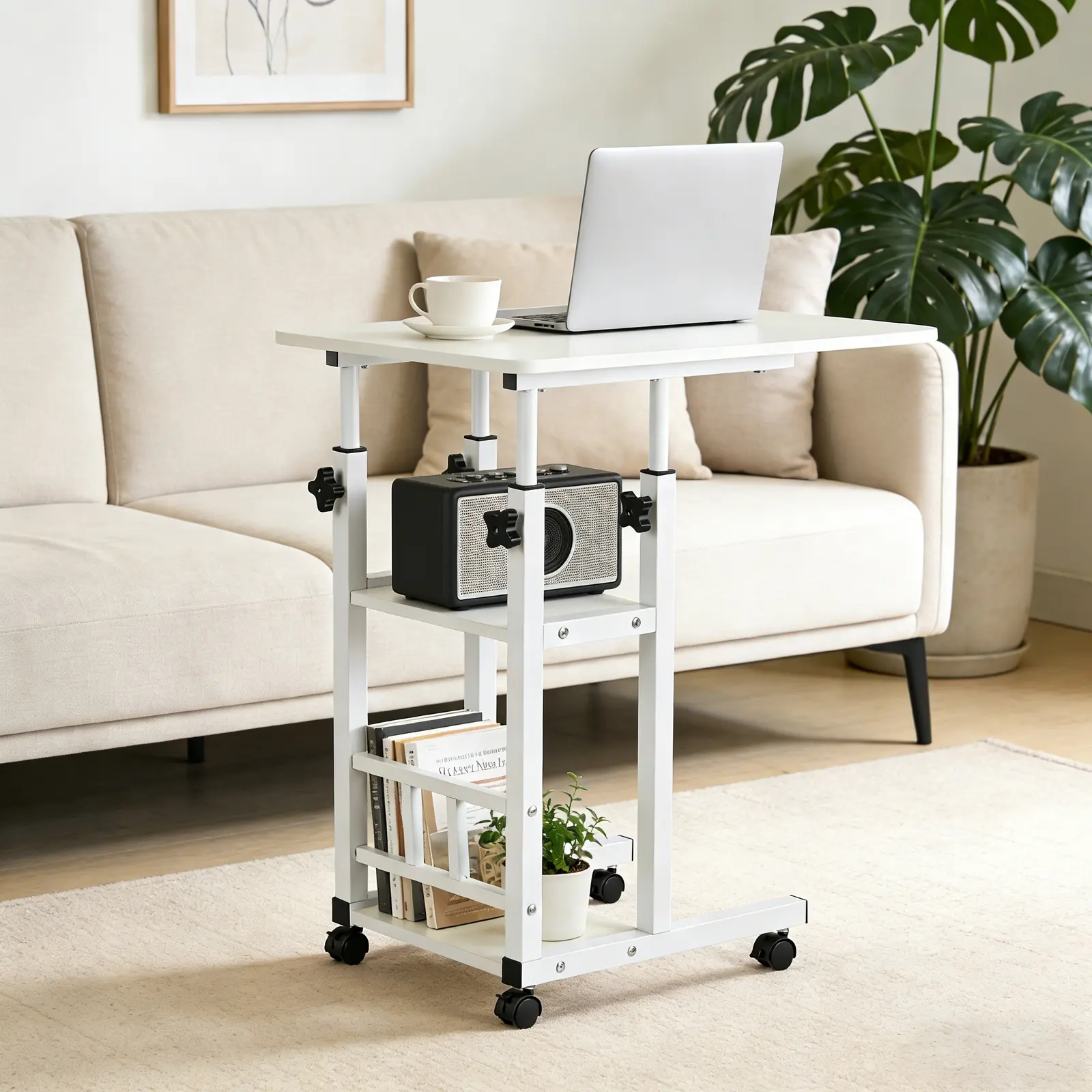 Height Adjustable Modern Rectangular Overbed Table with Single-Column Steel Legs, Rolling Wheels – Mobile Standing Laptop Bedside Table for Hospital, Home Use, Height Adjustable Table