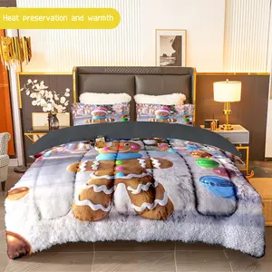 3pcs (1 comforter + 2 pillowcases) Gingerbread Man Flannel & Milk Velvet Comforter Set, Soft Warm Bedding Set for Adults, Cozy Plush Quilt Set, Trendy Bedding Essentials