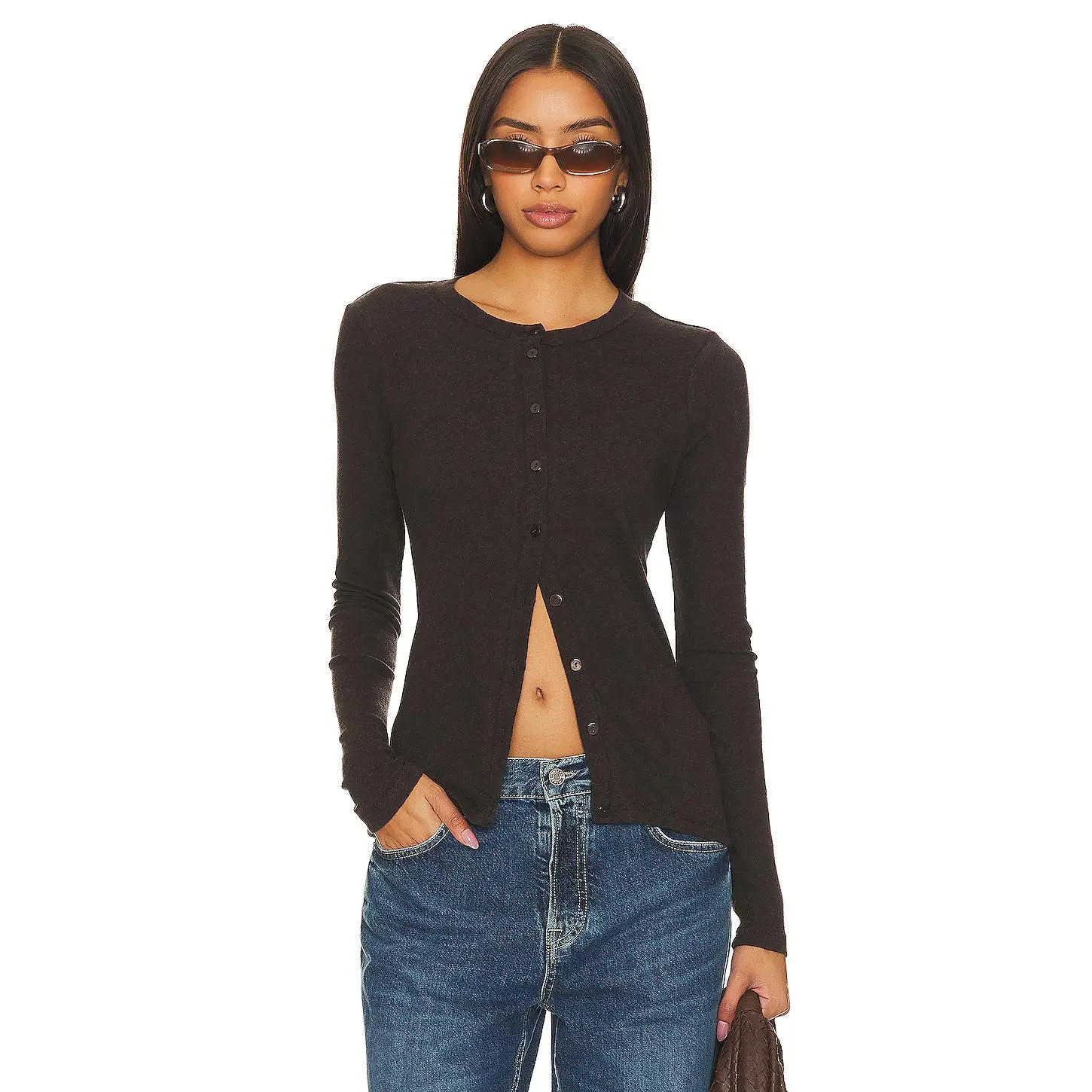 Enza Costa Cashmere Long Sleeve Cardigan in Dark Brown