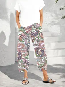 Women's Boho Paisley Print Capri Pants, Elastic Waist Wide Leg Cropped Jeans, Asymmetrical Hem with Pockets, All Seasons Loose Fit