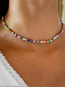 Boho Style Colorful Beaded Necklace, Glass Bead Necklace, Dainty Boho Necklace, Fashionable Jewelry for Women & Girls, Trendy All-match & Exquisite Jewelry for Birthday Gift