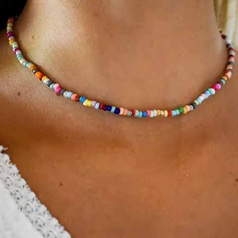 Boho Style Colorful Beaded Necklace, Glass Bead Necklace, Dainty Boho Necklace, Fashionable Jewelry for Women & Girls, Trendy All-match & Exquisite Jewelry for Birthday Gift