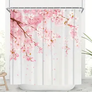 1pc Fashion Pink Cherry Blossom Shower Curtain Set and Durable Hooks High-Quality Bathroom Decor and Accessories Suitable for All Styles of Furniture