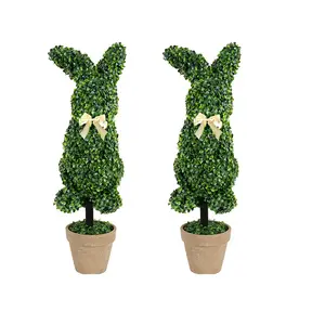 Easter Rabbit 2pcs Plant Outdoor Artificial Bunny Shape UV Resistant Yellowwood Plants with Bow Easter Porch Decoration Home Garden Spring Decor